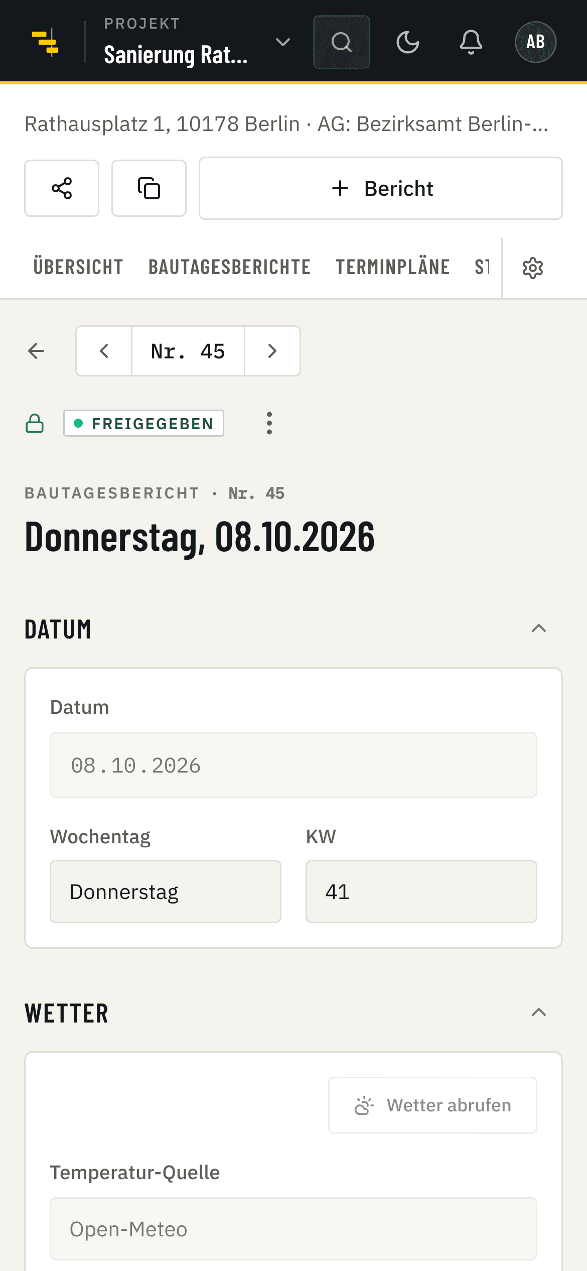 Bautagesbericht auf dem Smartphone